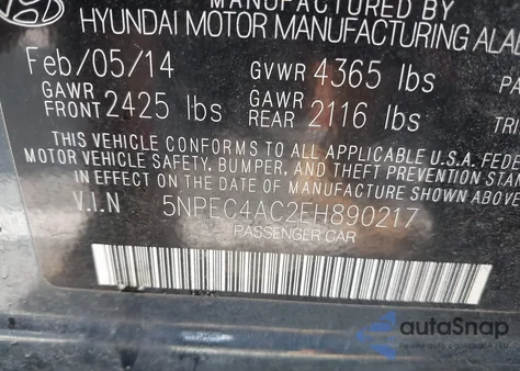 2014 Hyundai Sonata Limited z USA, uszkodzony, nr VIN 5NPEC4AC2EH890217